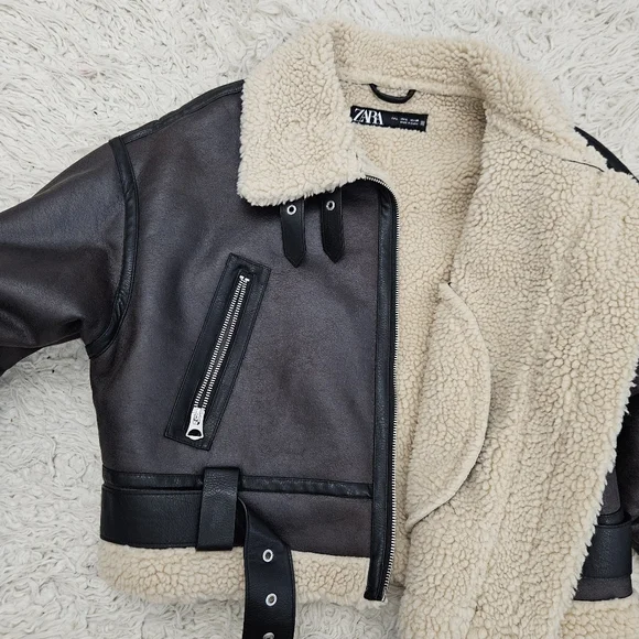 NWT Zara Faux Shearling Lined Jacket Cropped Moto Jacket - Picture 5 of 7
